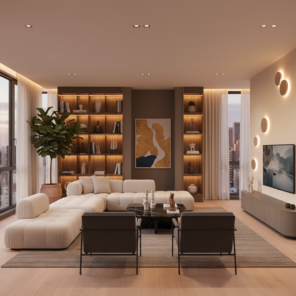 AI virtually staged luxury living room