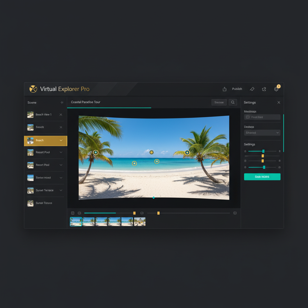 Spazeo editor — Virtual Explorer Pro with coastal panorama